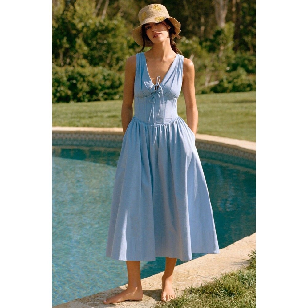 Anthropologie ASTR The Label Midi Dress Blue Maili Preppy Vacay Boho Small NWT